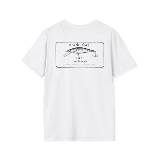 North Fork trout lure t-shirt with vintage bait graphic on back and chest logo on front