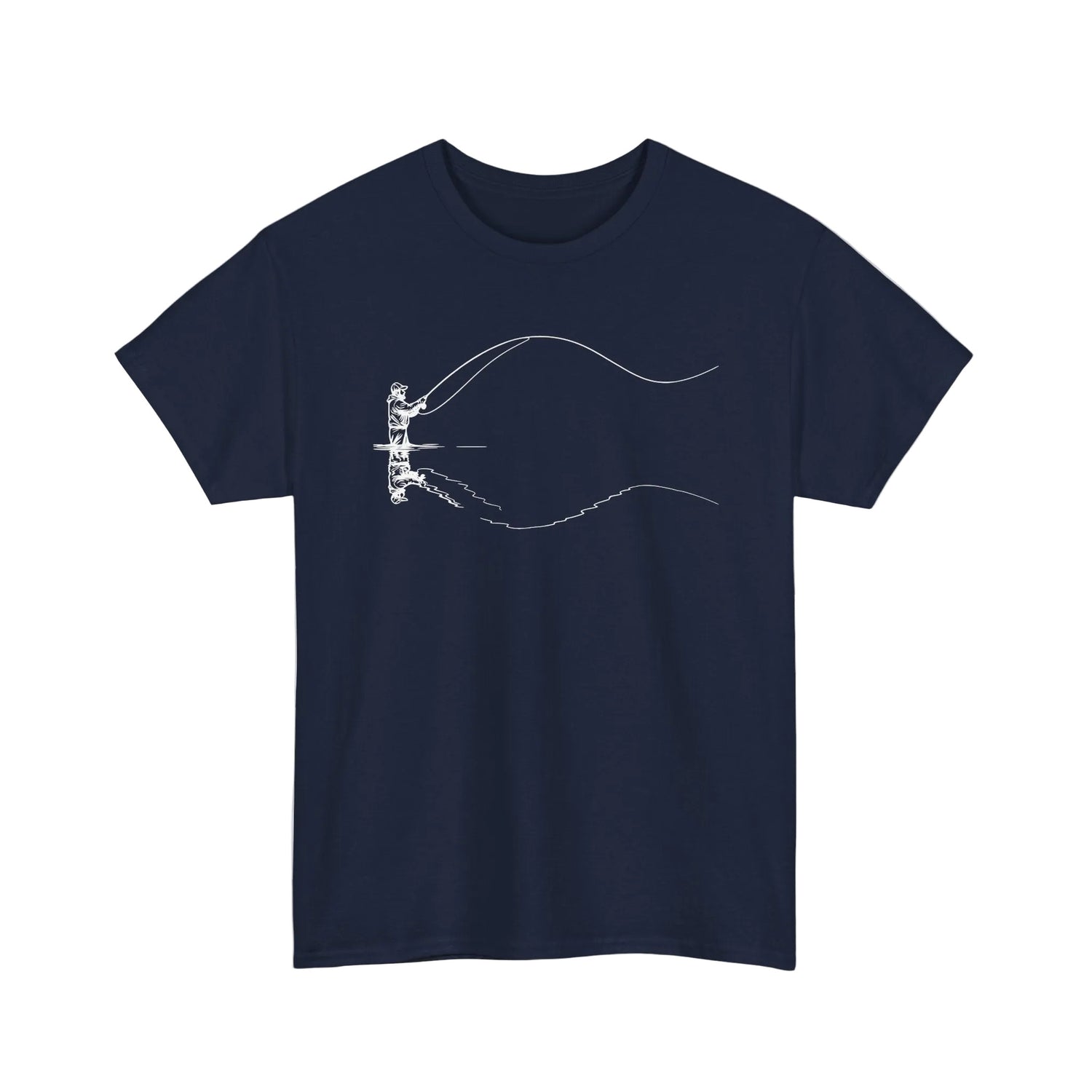 Fly fisherman mid cast on front of T-Shirt