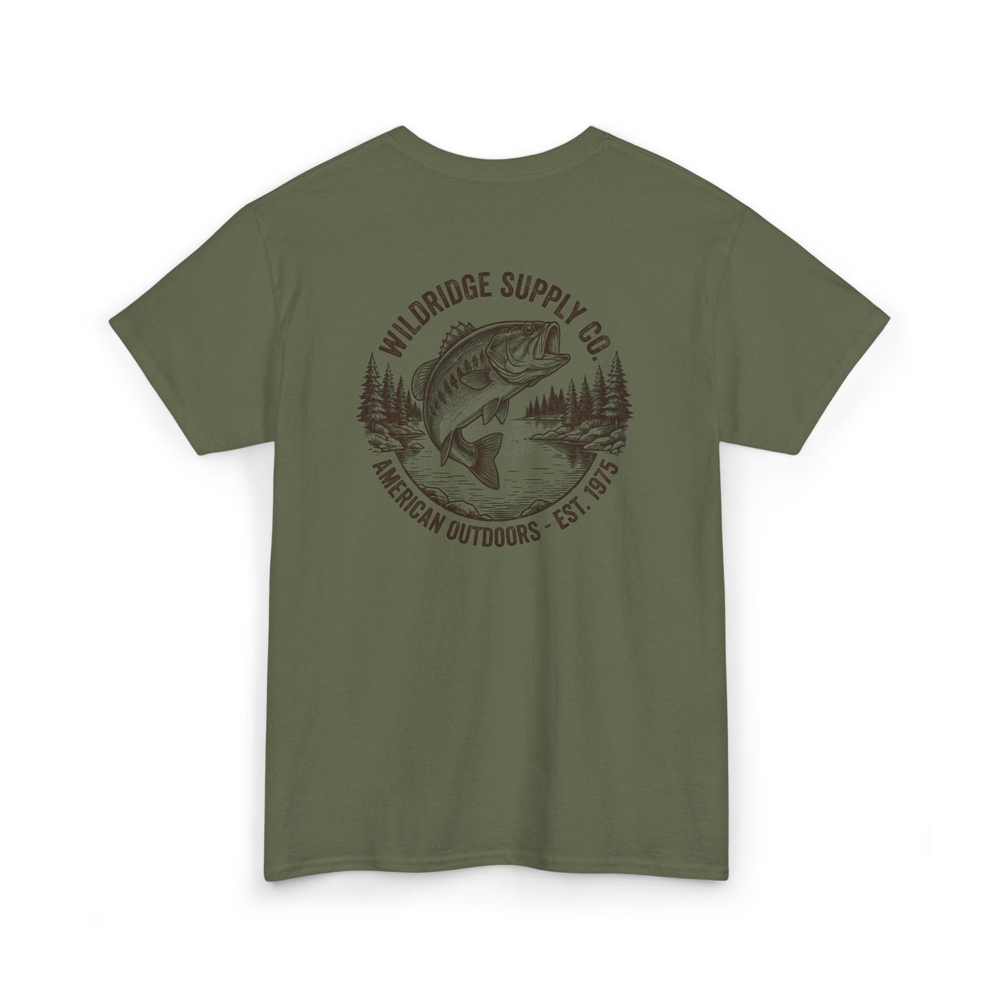 Green t-shirt with a fish and forest graphic on a white background