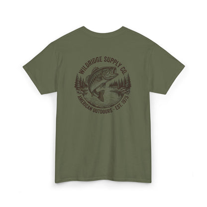 Green t-shirt with a fish and forest graphic on a white background