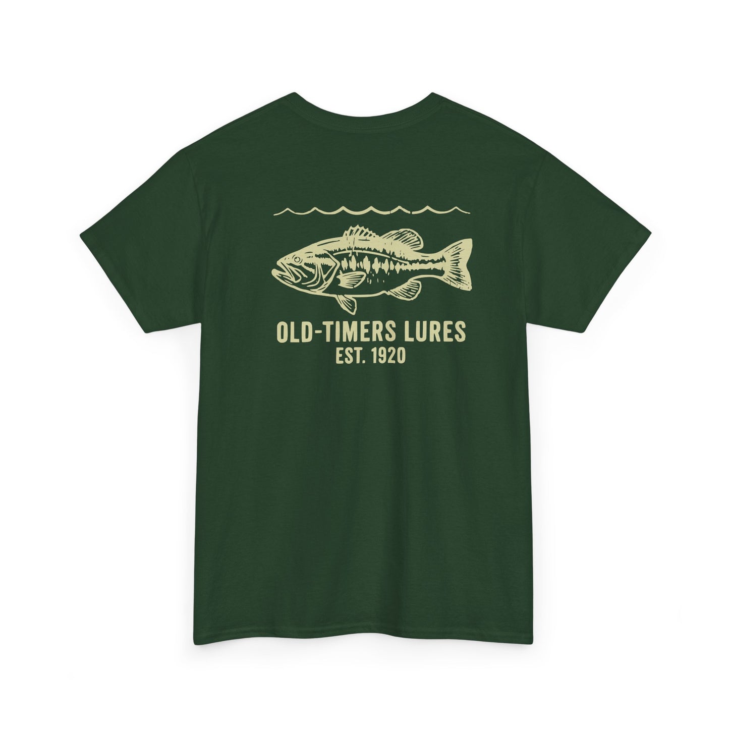 Green t-shirt with fish graphic and text on a white background