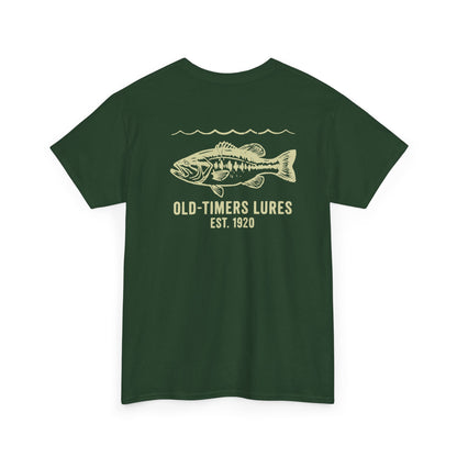 Green t-shirt with fish graphic and text on a white background