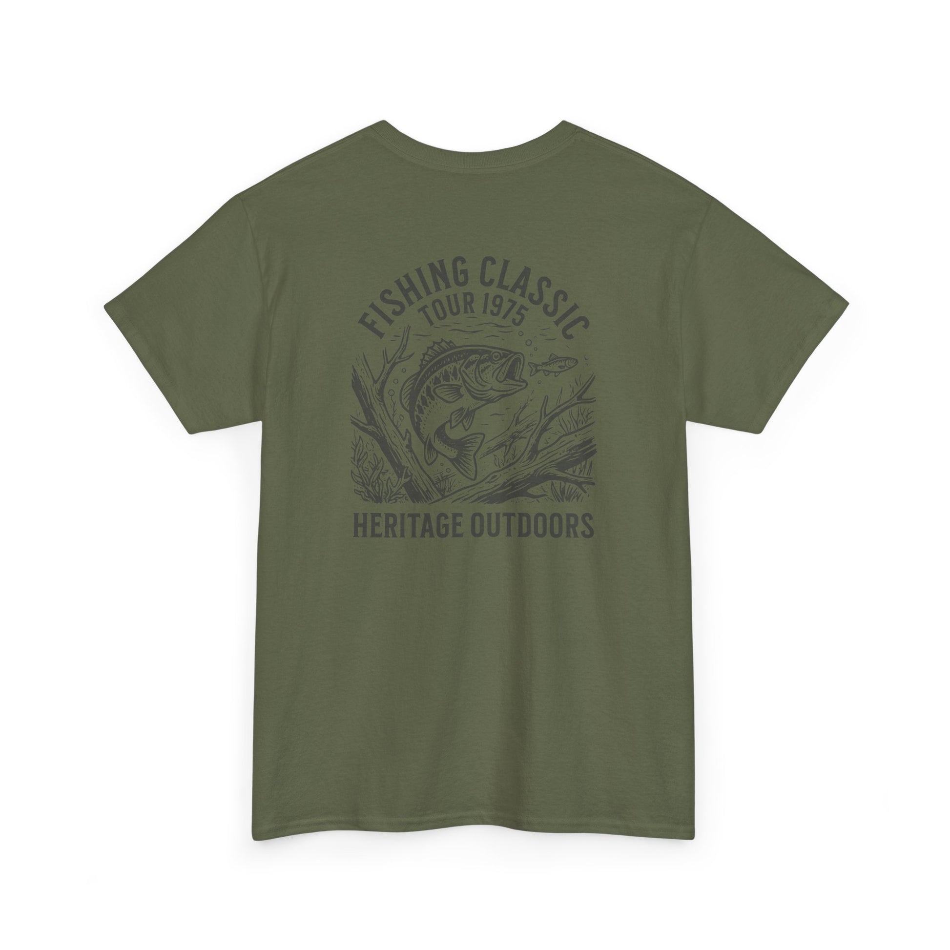 Green t-shirt with fishing graphic and text on a white background