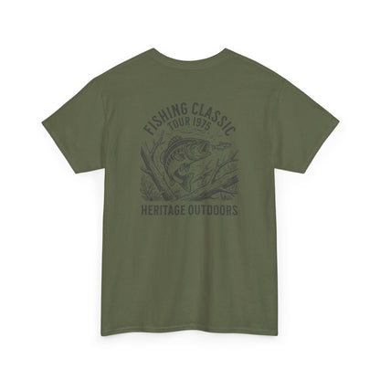 Green t-shirt with fishing graphic and text on a white background