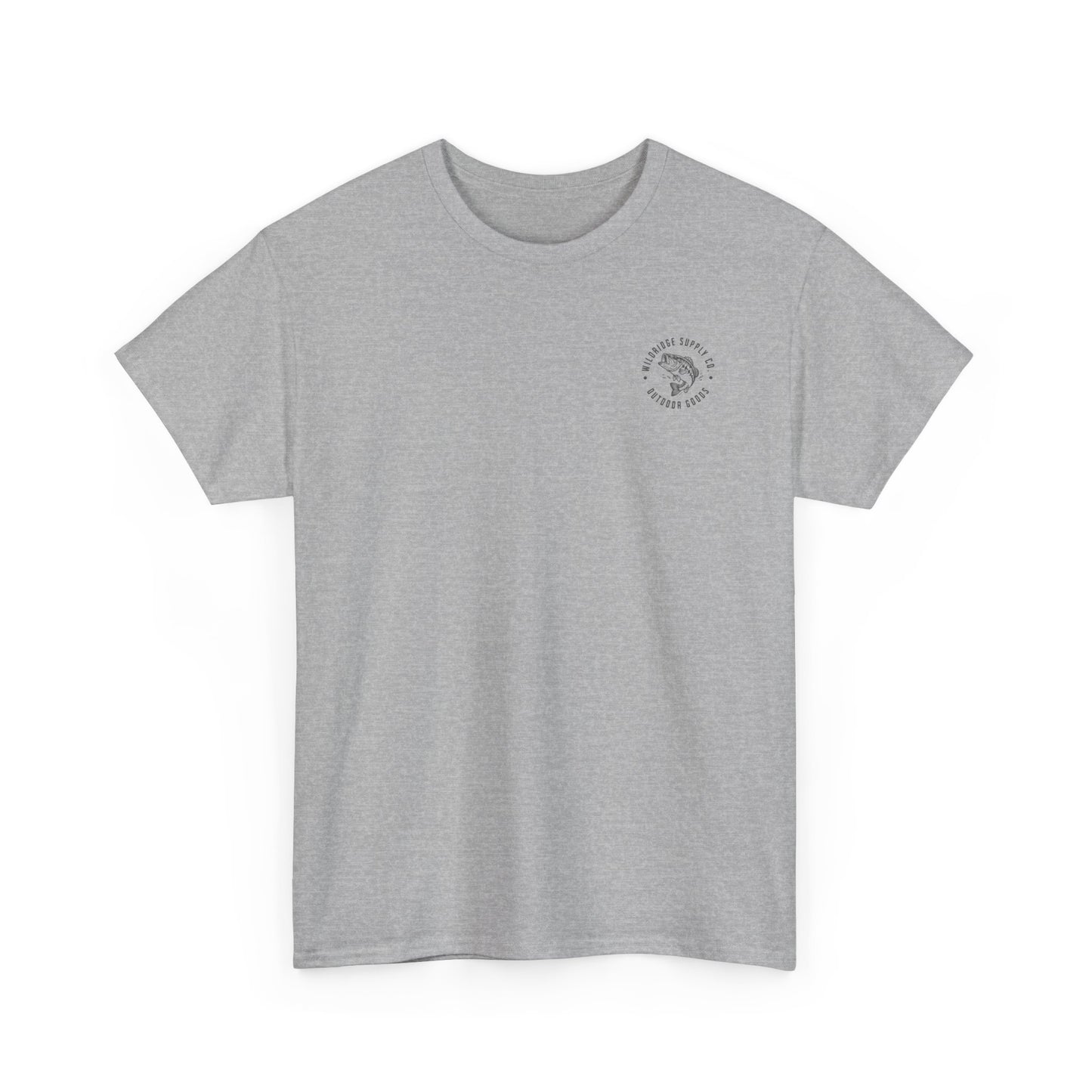 Gray t-shirt with a black outline of largemouth bass