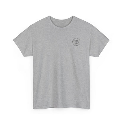 Gray t-shirt with a black outline of largemouth bass