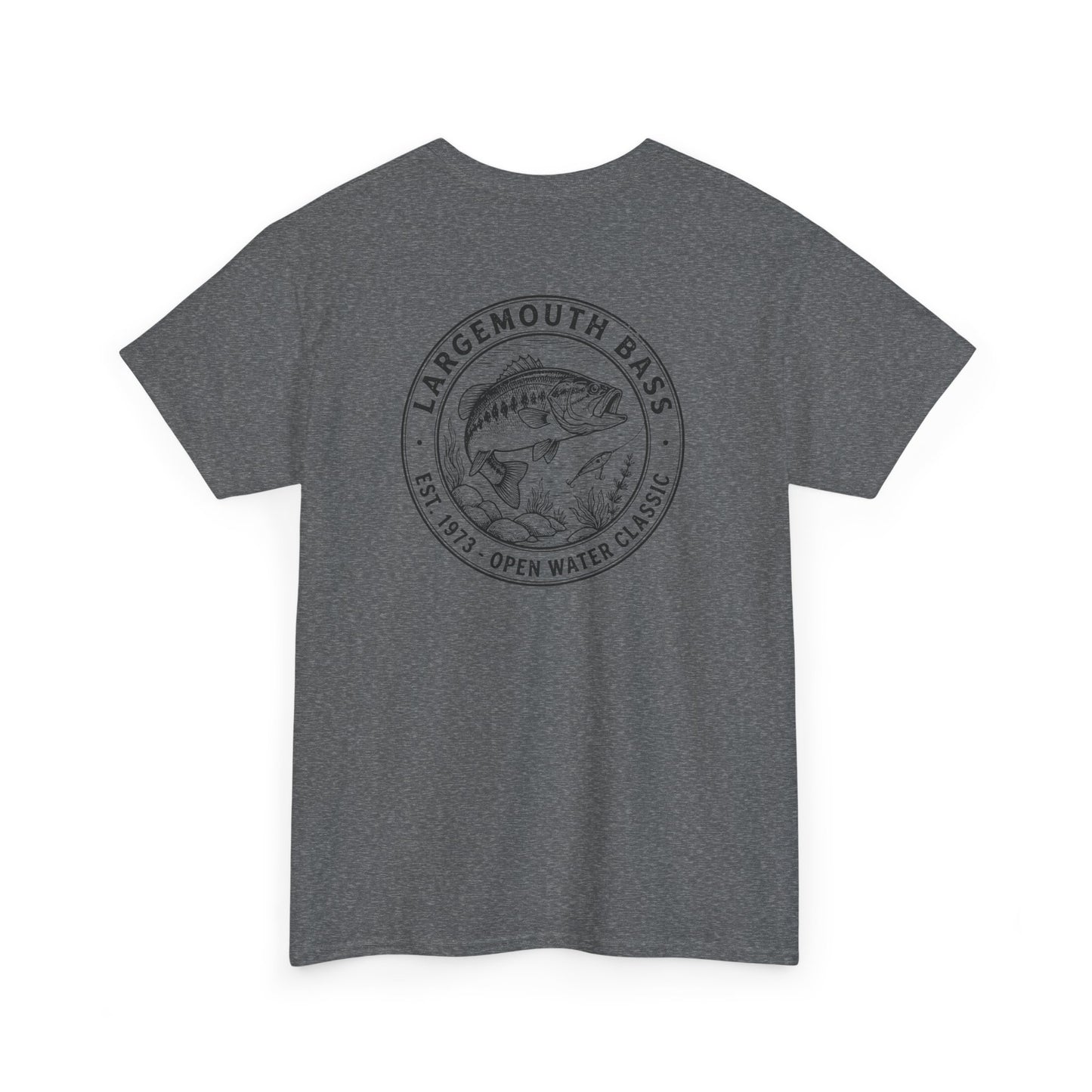 Gray t-shirt with largemouth bass graphic and text on a white background