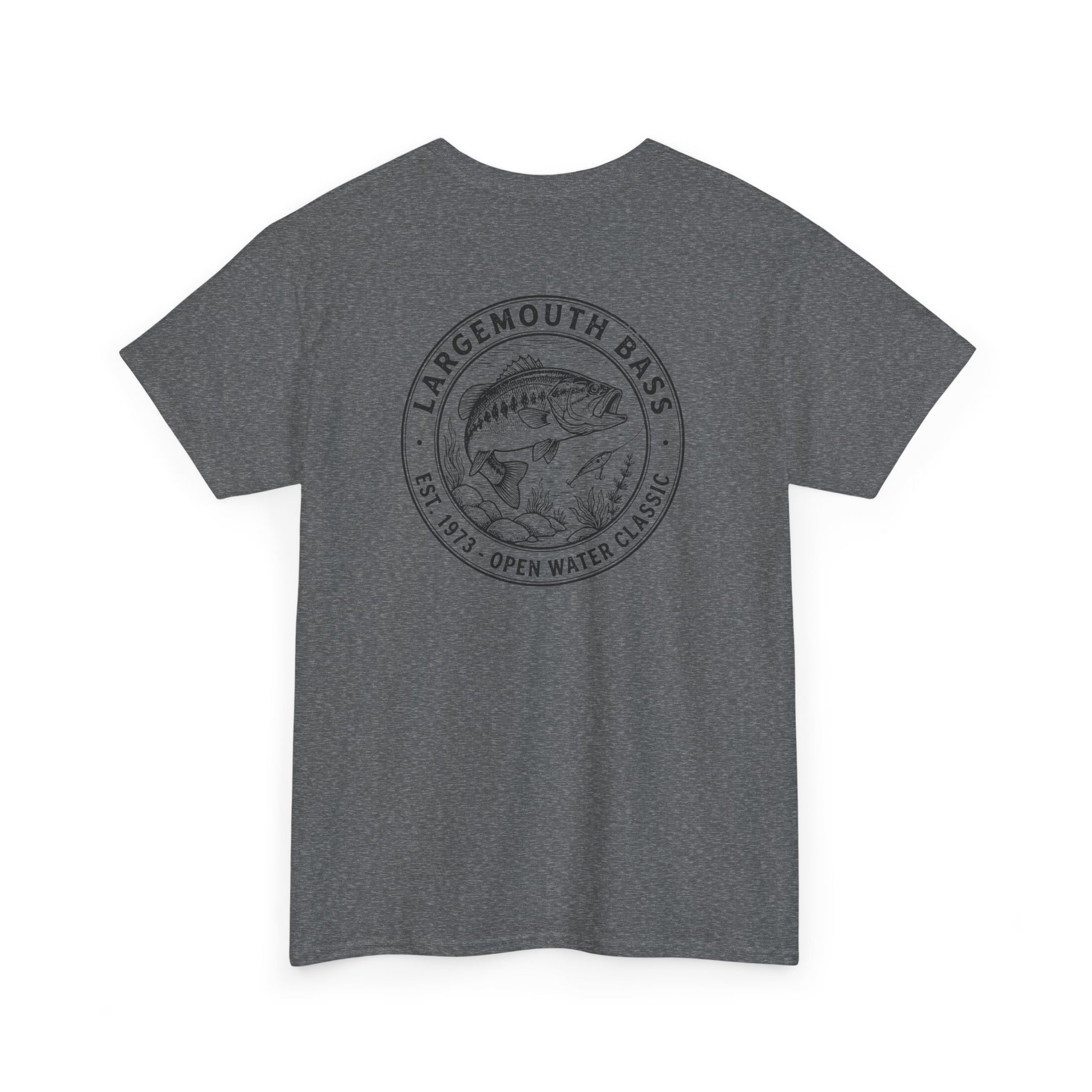 Gray t-shirt with largemouth bass graphic and text on a white background