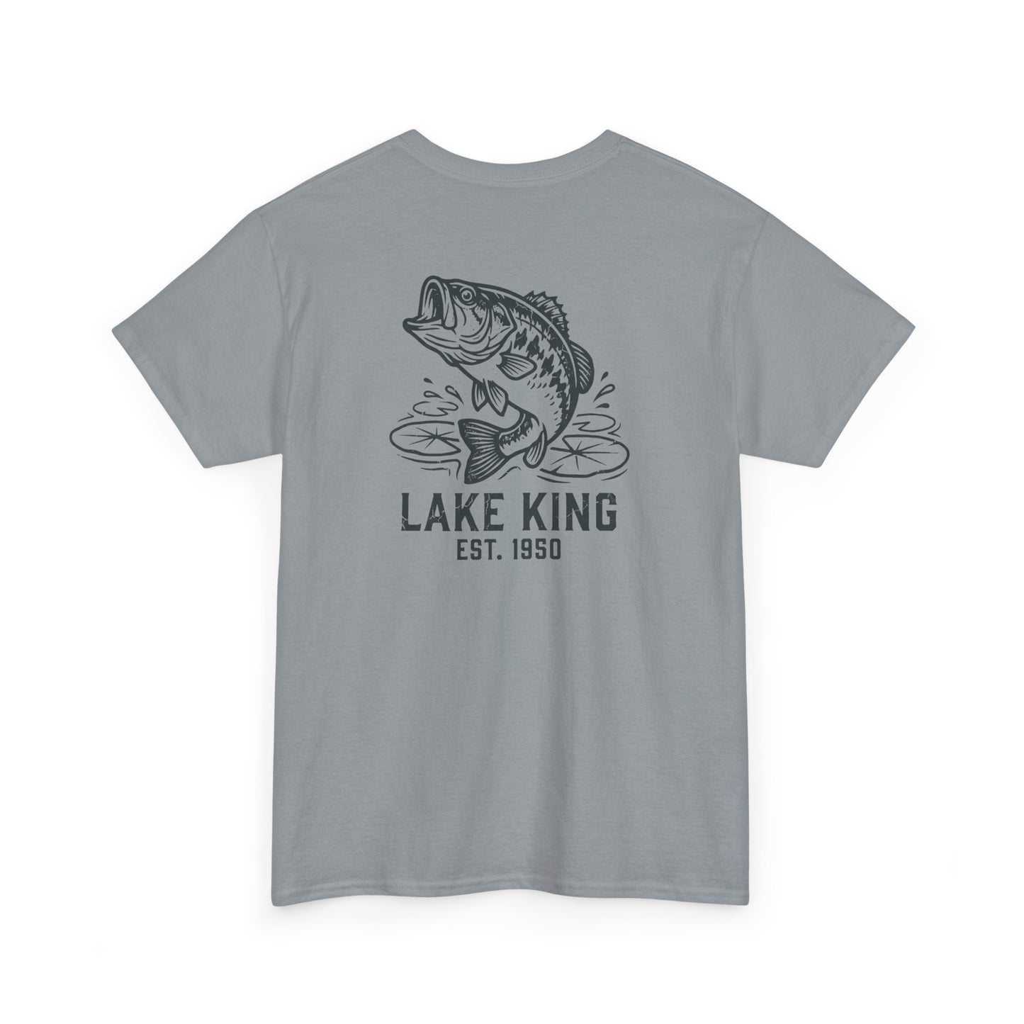 Gray t-shirt with a largemouth bass fish graphic and 'Lake King' text on a white background