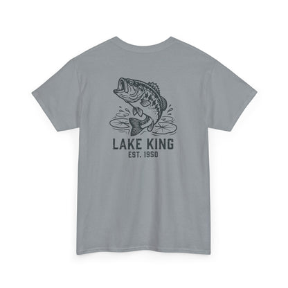 Gray t-shirt with a largemouth bass fish graphic and 'Lake King' text on a white background