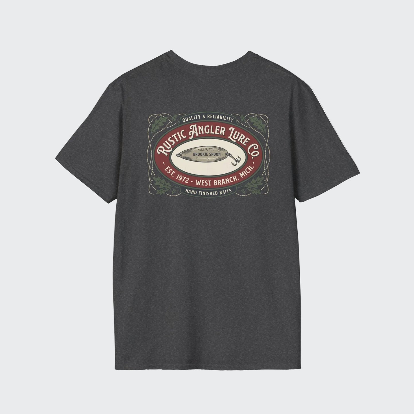 Rustic Angler Lure Co trout fishing t-shirt with vintage back graphic
