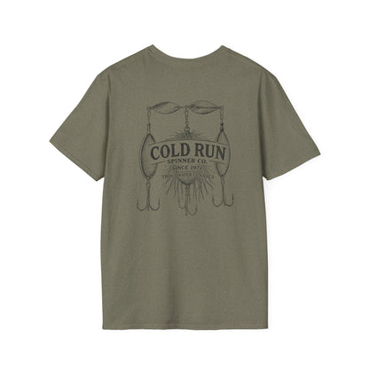 Trout angler t-shirt lifestyle image with Cold Run Spinner Co graphic