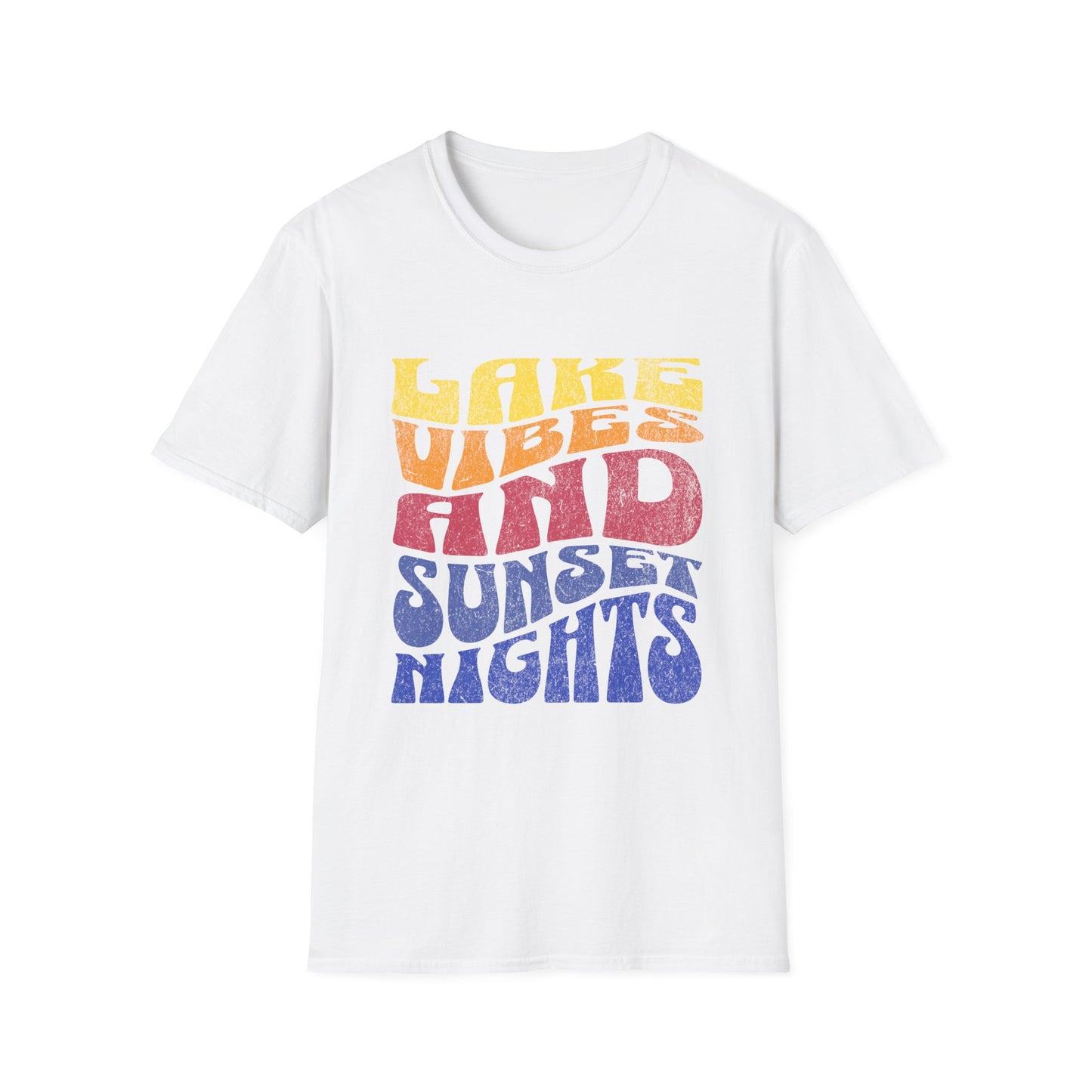 White t-shirt with retro 'Lake Vibes and Sunset Nights' multicolor distressed typography graphic