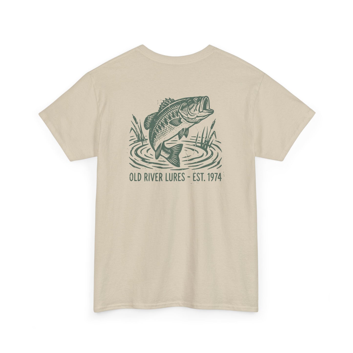 bass fishing shirt back view with old river lures graphic