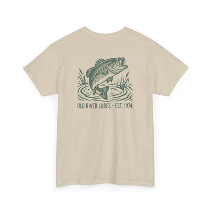 bass fishing shirt back view with old river lures graphic