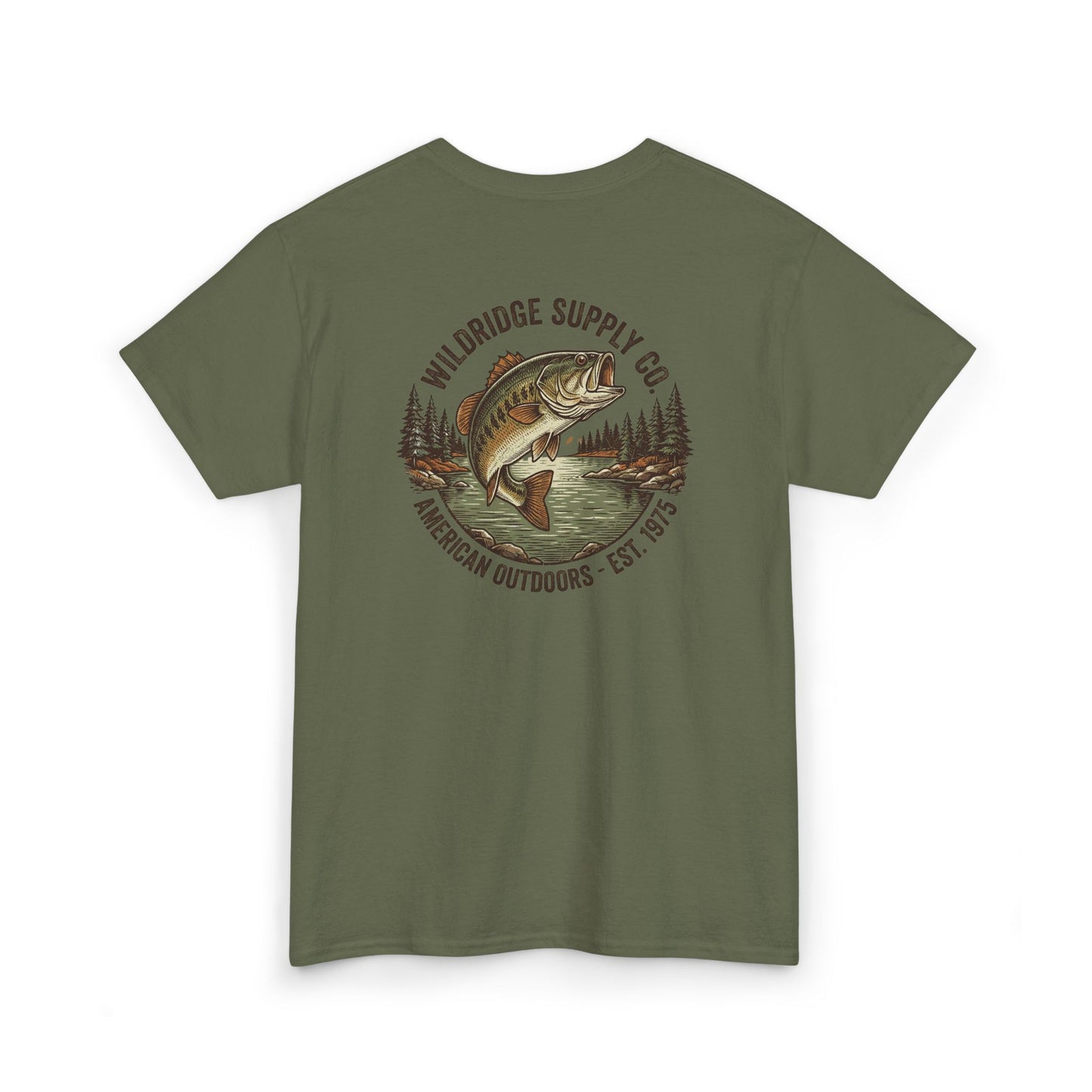 military green bass fishing shirt back graphic