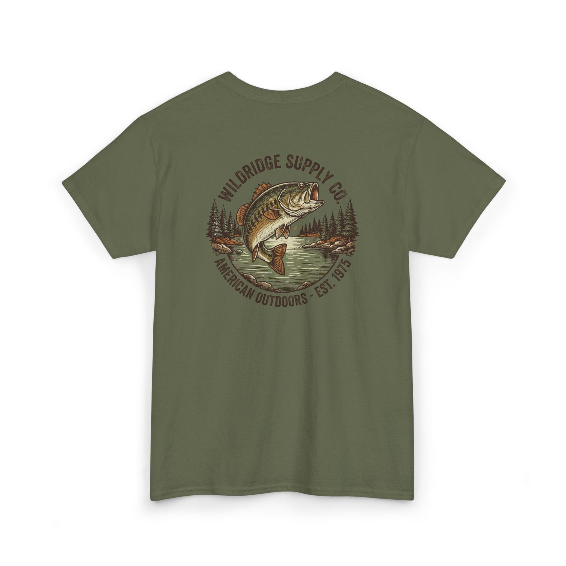 military green bass fishing shirt back graphic