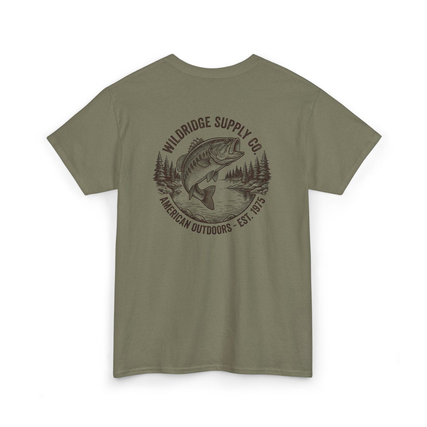 Green t-shirt with largemouth graphic and text 