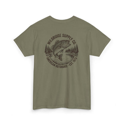 Green t-shirt with largemouth graphic and text 