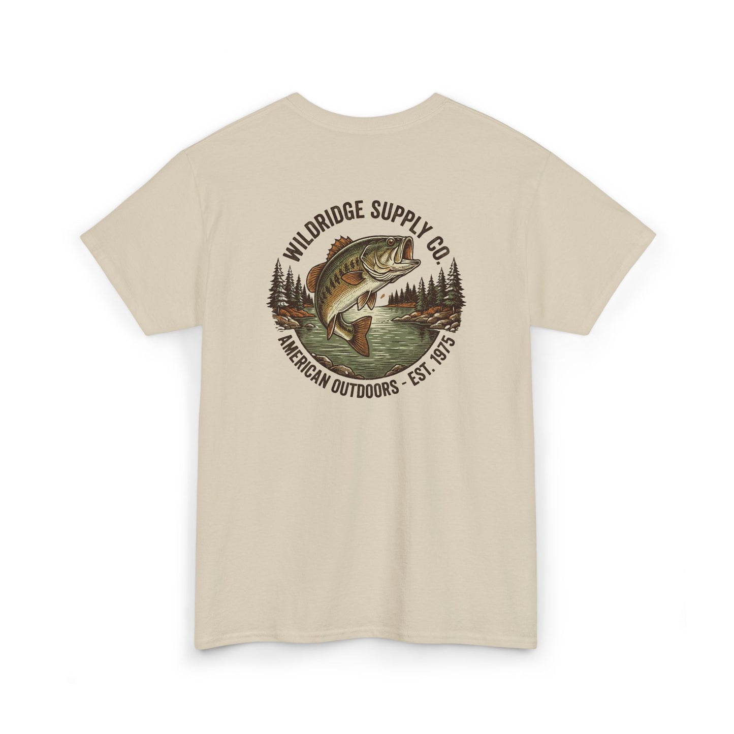 Beige t-shirt with a fishing graphic and 'Wildridge Supply Co' text on a white background
