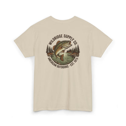 Beige t-shirt with a fishing graphic and 'Wildridge Supply Co' text on a white background