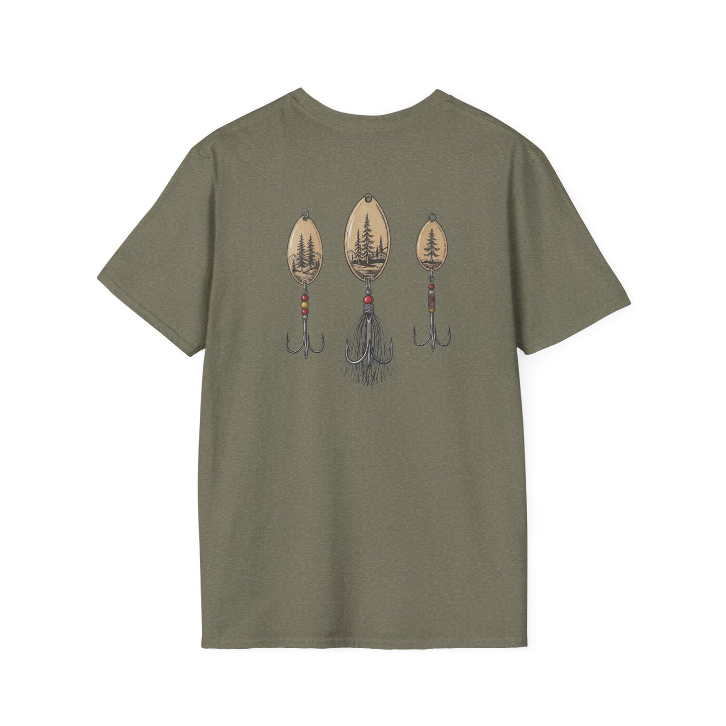 Trout fishing t-shirt lifestyle image with vintage lure back graphic