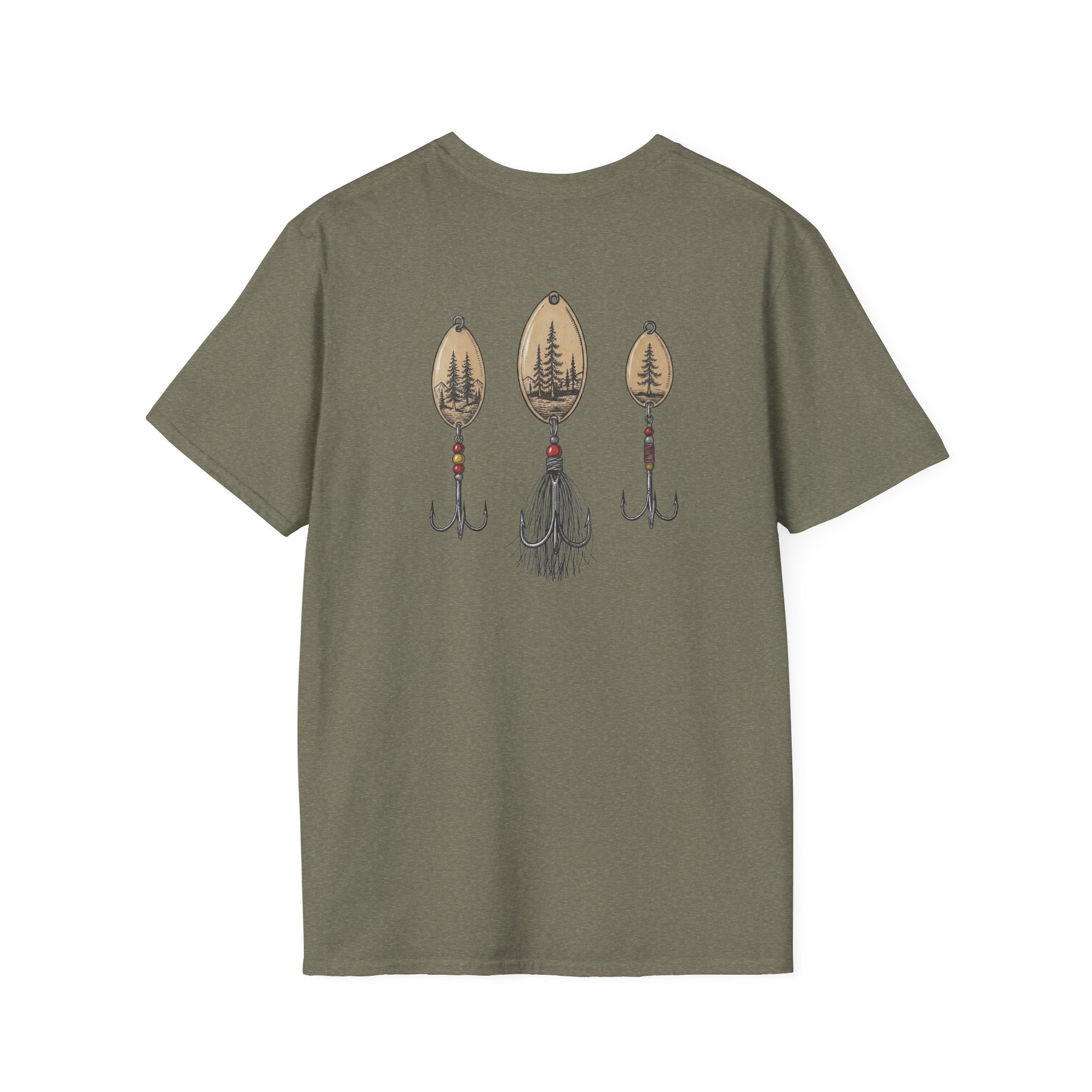 Trout fishing t-shirt lifestyle image with vintage lure back graphic