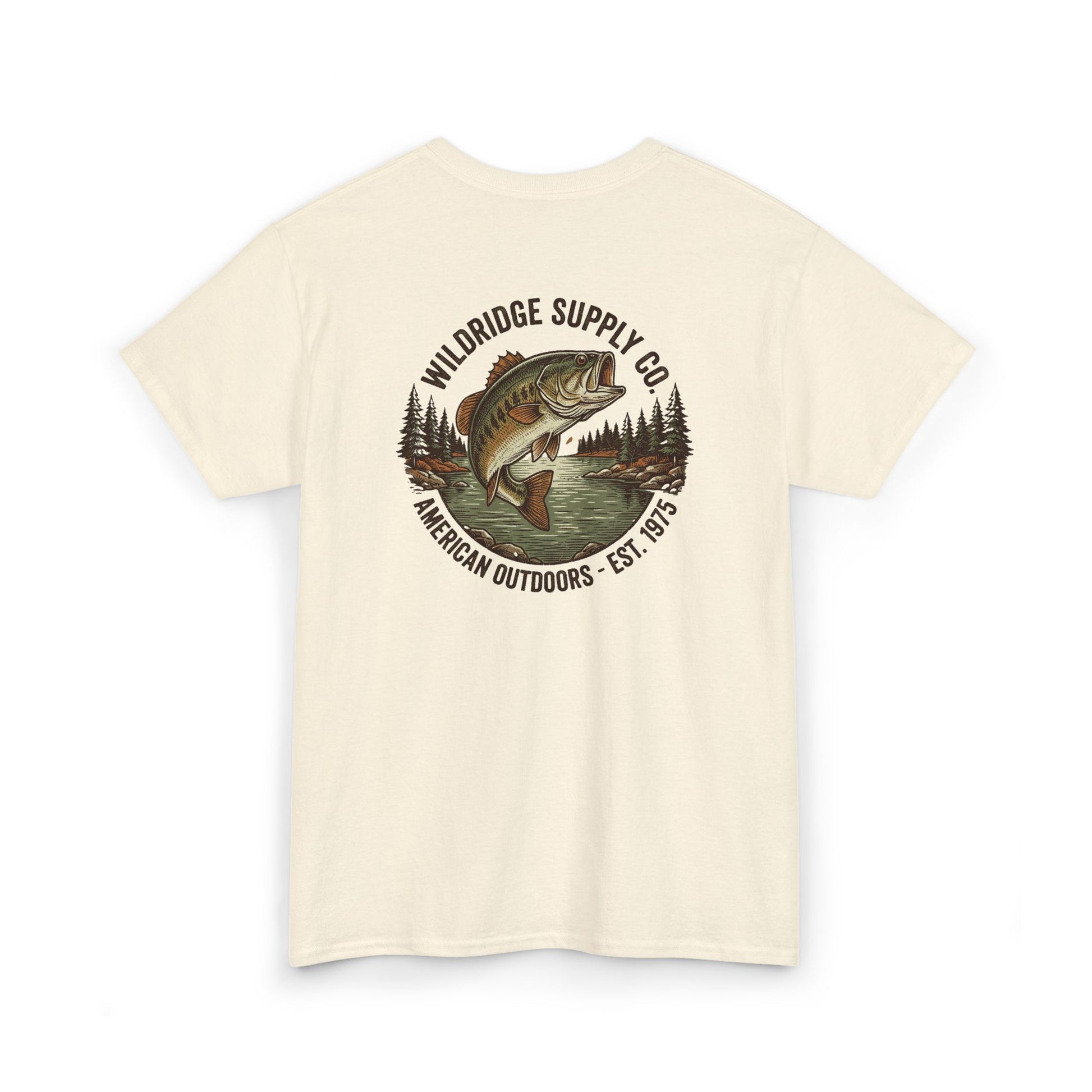 natural bass fishing shirt back view with American Outdoors graphic