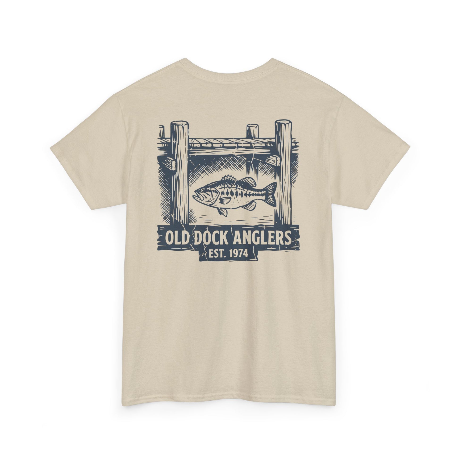 sand bass fishing shirt back view with old dock anglers graphic