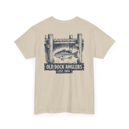 sand bass fishing shirt back view with old dock anglers graphic