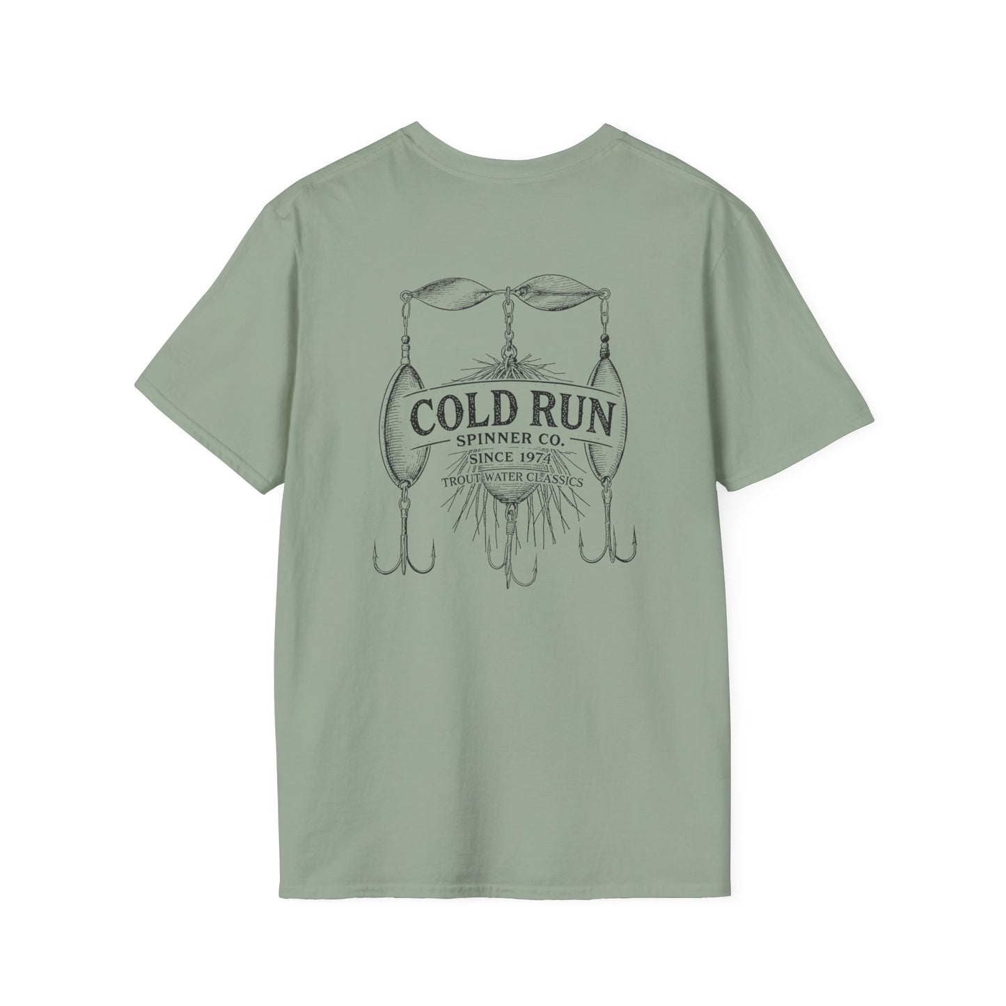Vintage trout fishing tee flat lay with spinner lure back design
