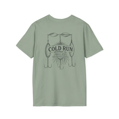 Vintage trout fishing tee flat lay with spinner lure back design
