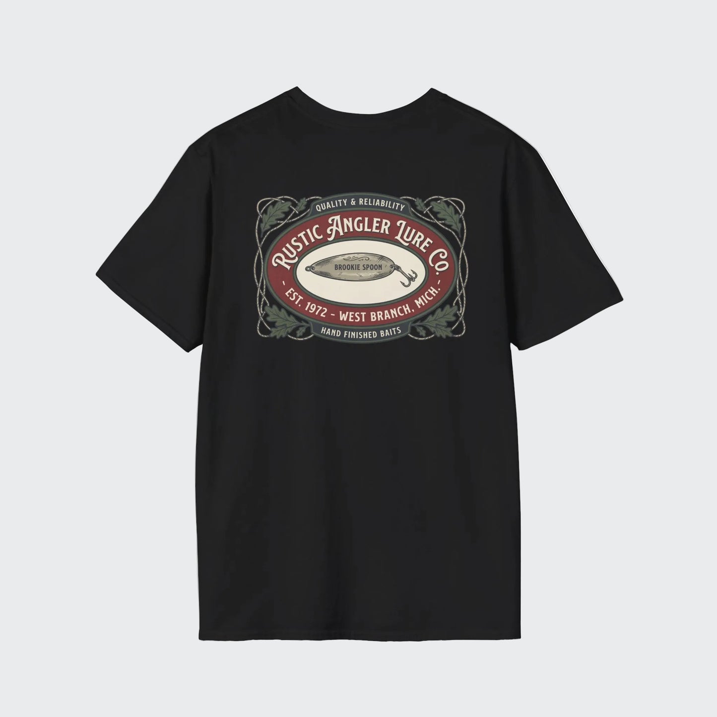 Rustic Angler Lure Co trout fishing t-shirt with vintage back graphic