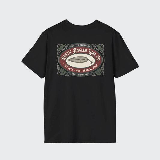 Rustic Angler Lure Co trout fishing t-shirt with vintage back graphic