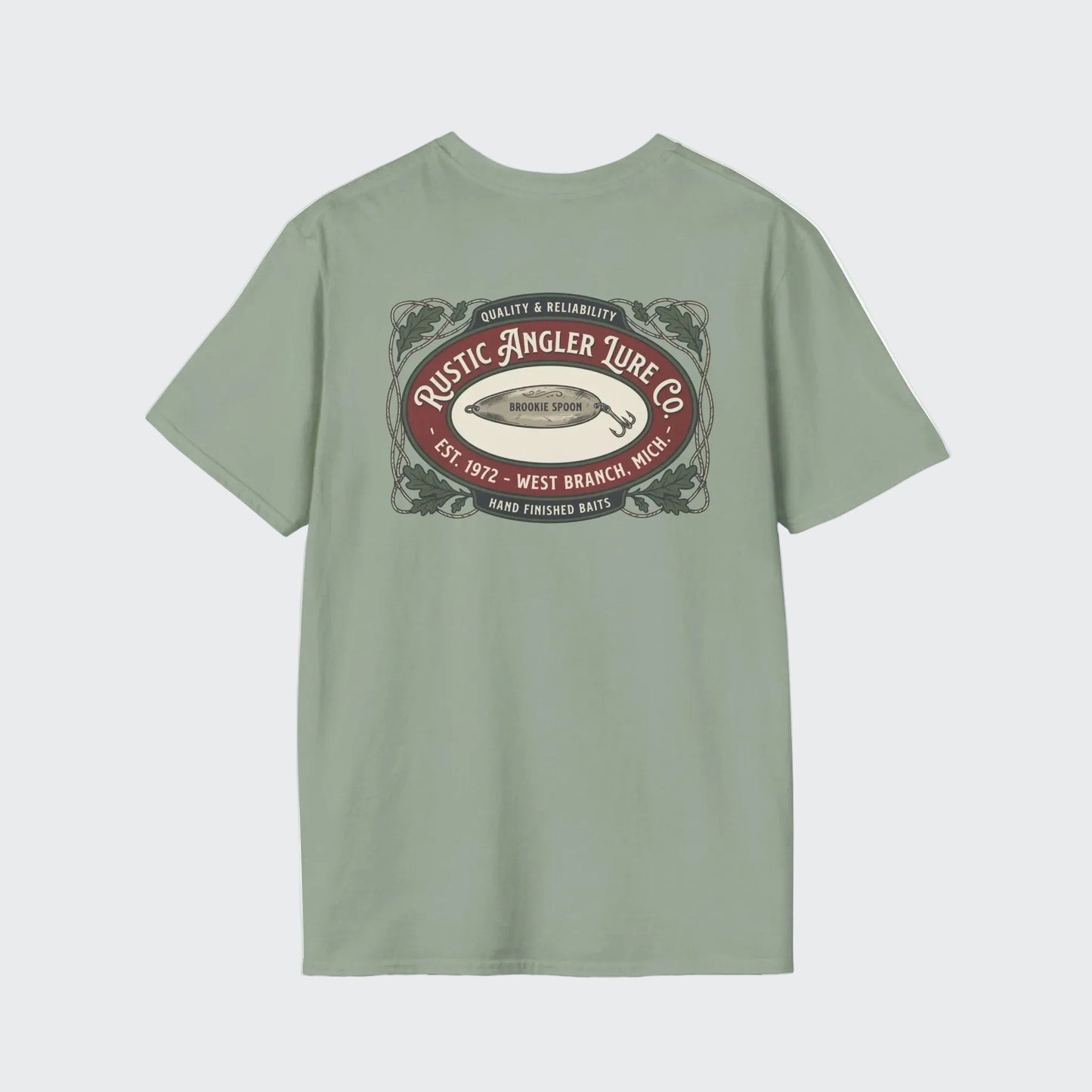 Rustic Angler trout shirt mockup in sage