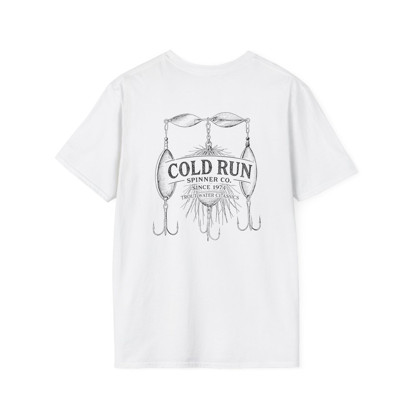 Cold Run Spinner Co trout fishing t-shirt with vintage spinner lure graphic