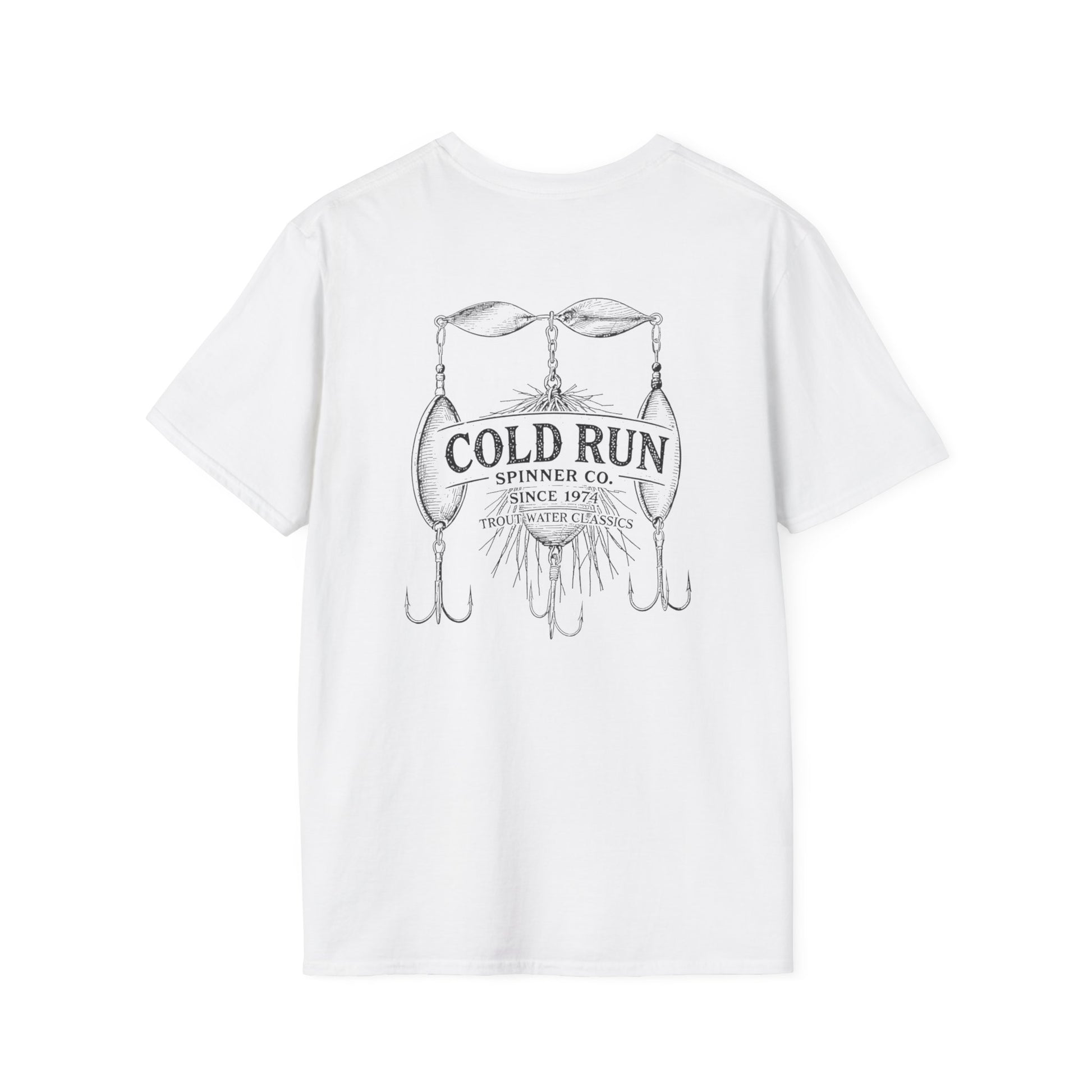 Cold Run Spinner Co trout fishing t-shirt with vintage spinner lure graphic