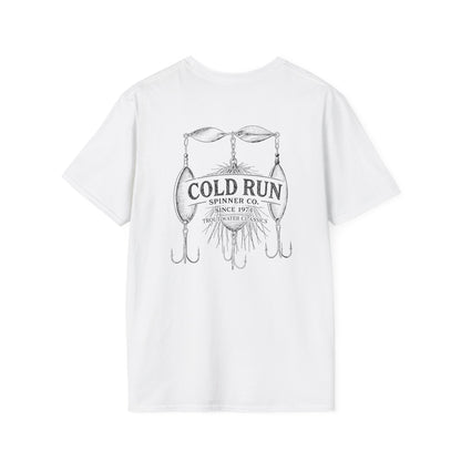 Cold Run Spinner Co trout fishing t-shirt with vintage spinner lure graphic