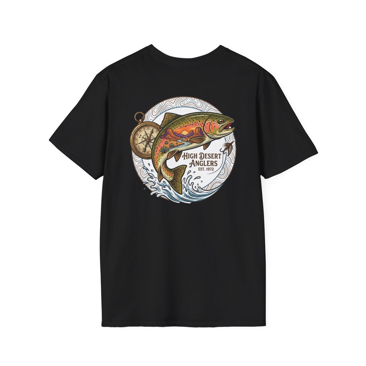 Black t-shirt with a colorful fish design on a white background