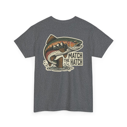 Gray t-shirt with a fish graphic and 'Match the Hatch' with trout jumping