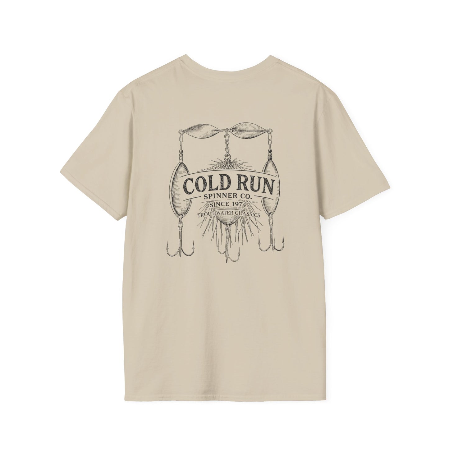 Vintage trout fishing tee flat lay with spinner lure back design