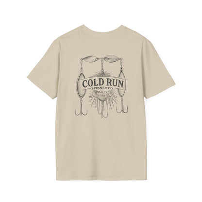 Vintage trout fishing tee flat lay with spinner lure back design
