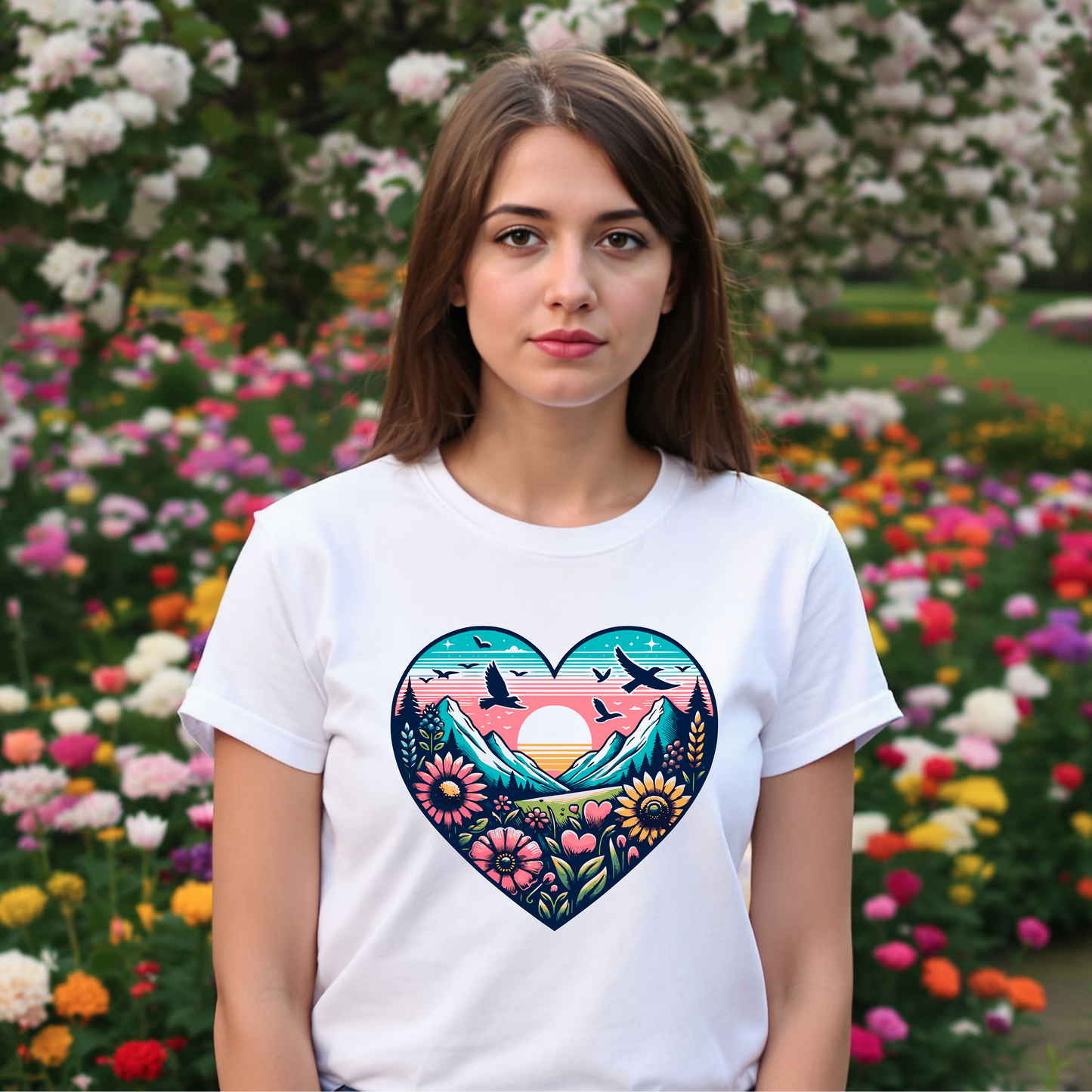 Woman wearing a white t-shirt with a colorful heart design in front of a floral garden.