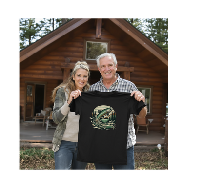 Man and woman holding a black t-shirt with a fish design in front of a wooden cabin.