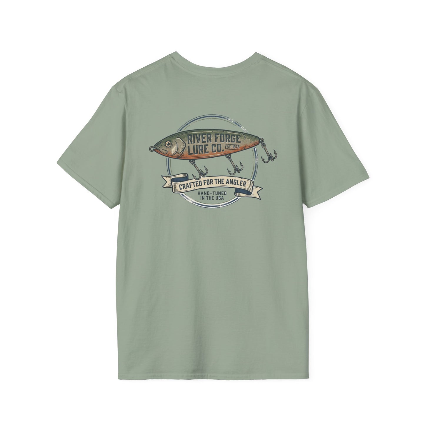 Vintage trout fishing t-shirt in stone blue with back graphic