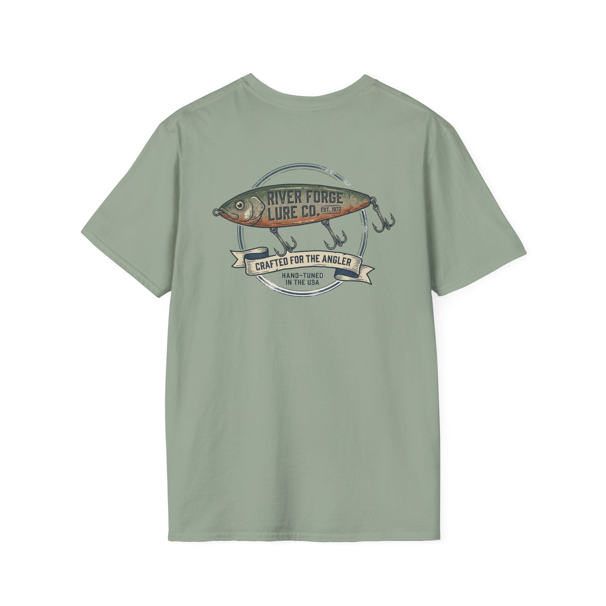 Vintage trout fishing t-shirt in stone blue with back graphic