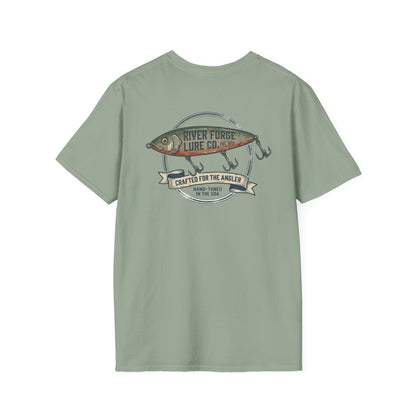 Vintage trout fishing t-shirt in stone blue with back graphic