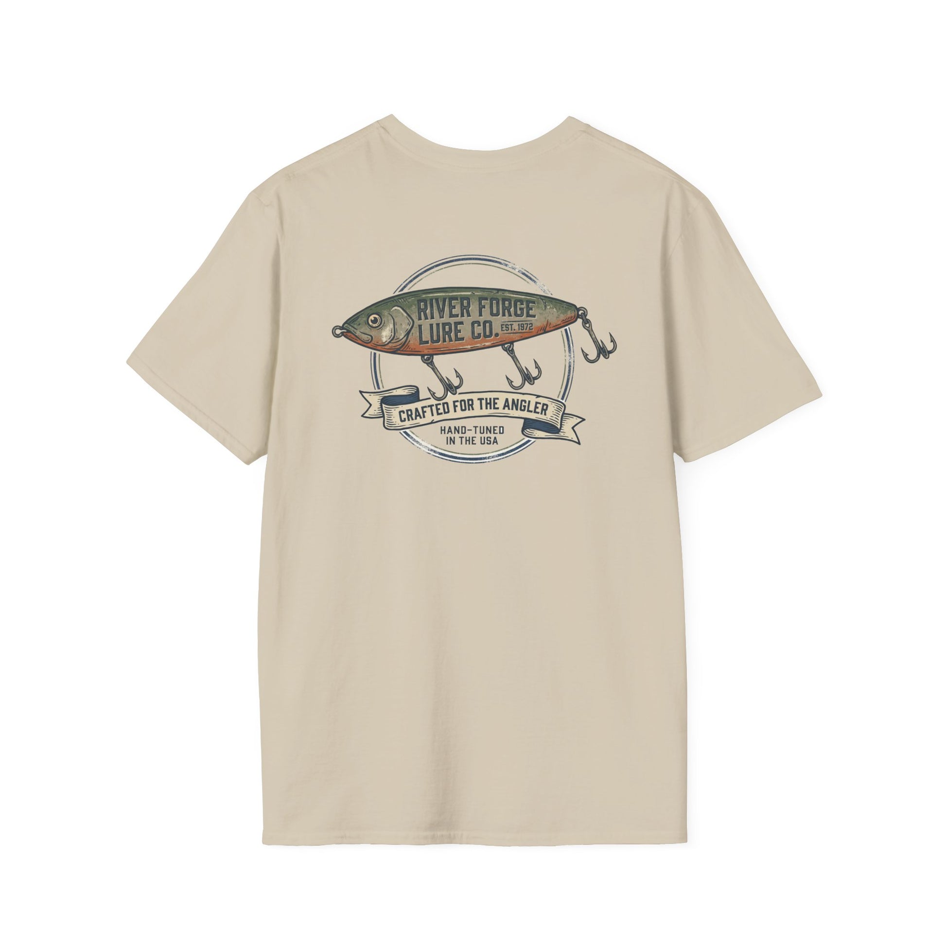 Vintage trout fishing shirt with weathered back badge design