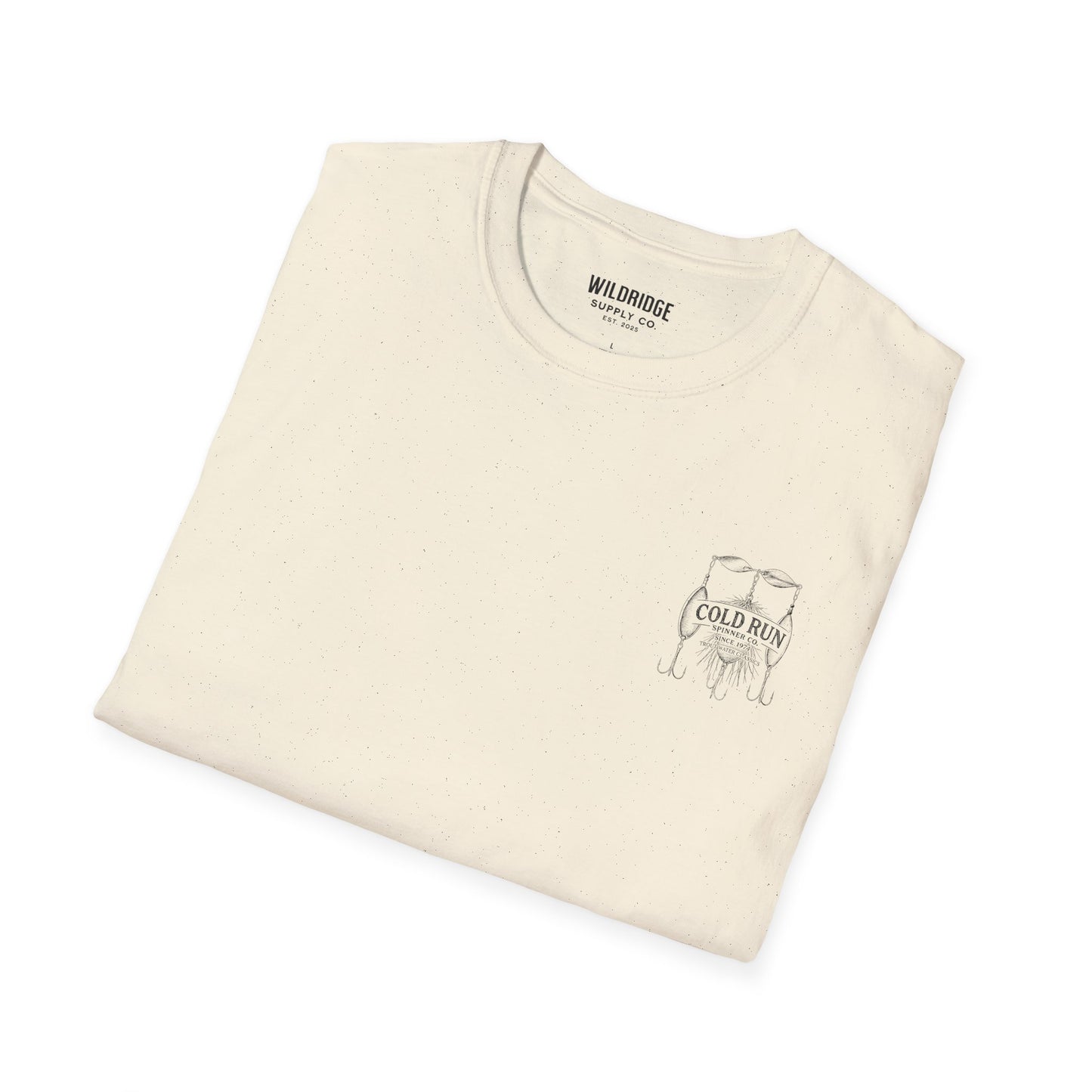Folded beige t-shirt with 'Cold Run' graphic and 'Wildridge Supply Co.' branding on a white background