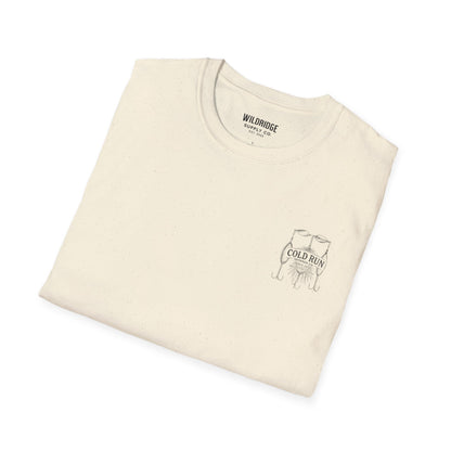 Folded beige t-shirt with 'Cold Run' graphic and 'Wildridge Supply Co.' branding on a white background